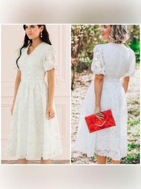 Rachel Parcell NWT Ivory Lace V-Neck Midi Dress With Puff Sleeves Size XS New